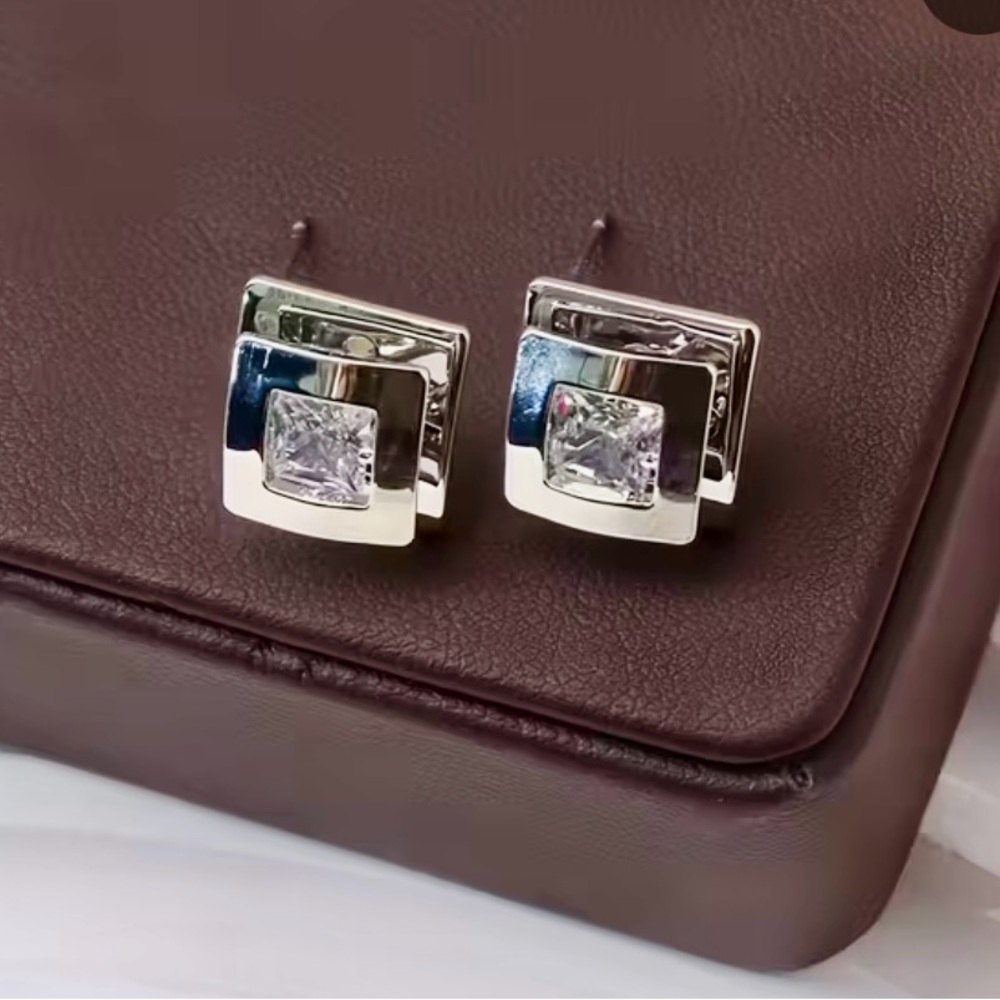 Silver Double Square Stud Earrings